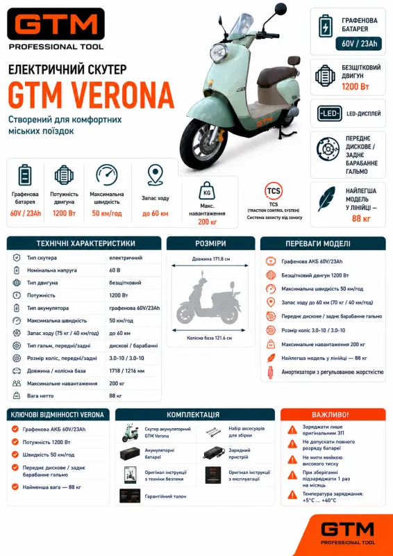 Скутер акумуляторний Verona, 1200Вт, 60V, швидкість 50км/год, запас ходу 60км — Photo 1