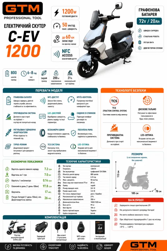 Скутер акумуляторний C-EV 1200, 72В, 1200Вт, Швидкість - 50км/год — Photo 1