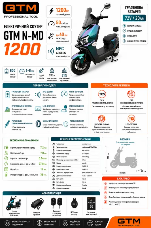 Скутер акумуляторний N-MD 1200, 72В, 1200Вт, Швидкість - 50км/год — Photo 1