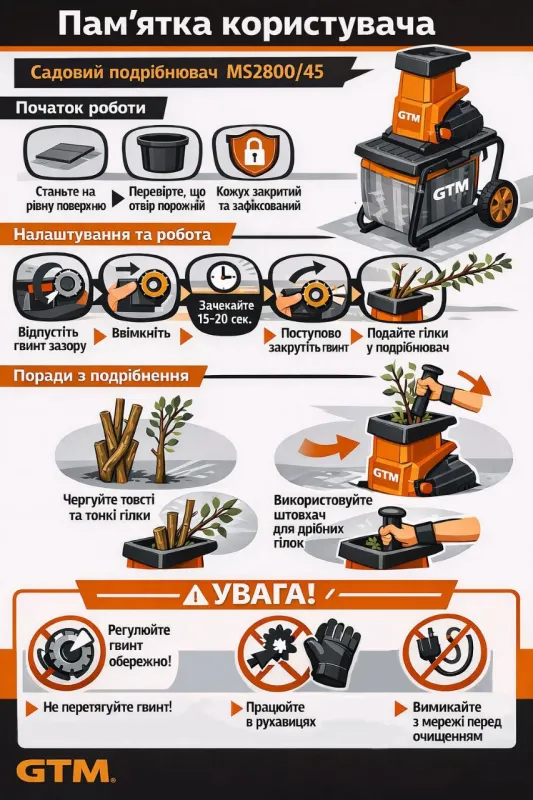 Подрібнювач садовий MS2800/45 KIT, 220В, 2800Вт, гілки до 45мм, фреза, контейнер 60л + подовжувач 10м помаранч. — Photo 6